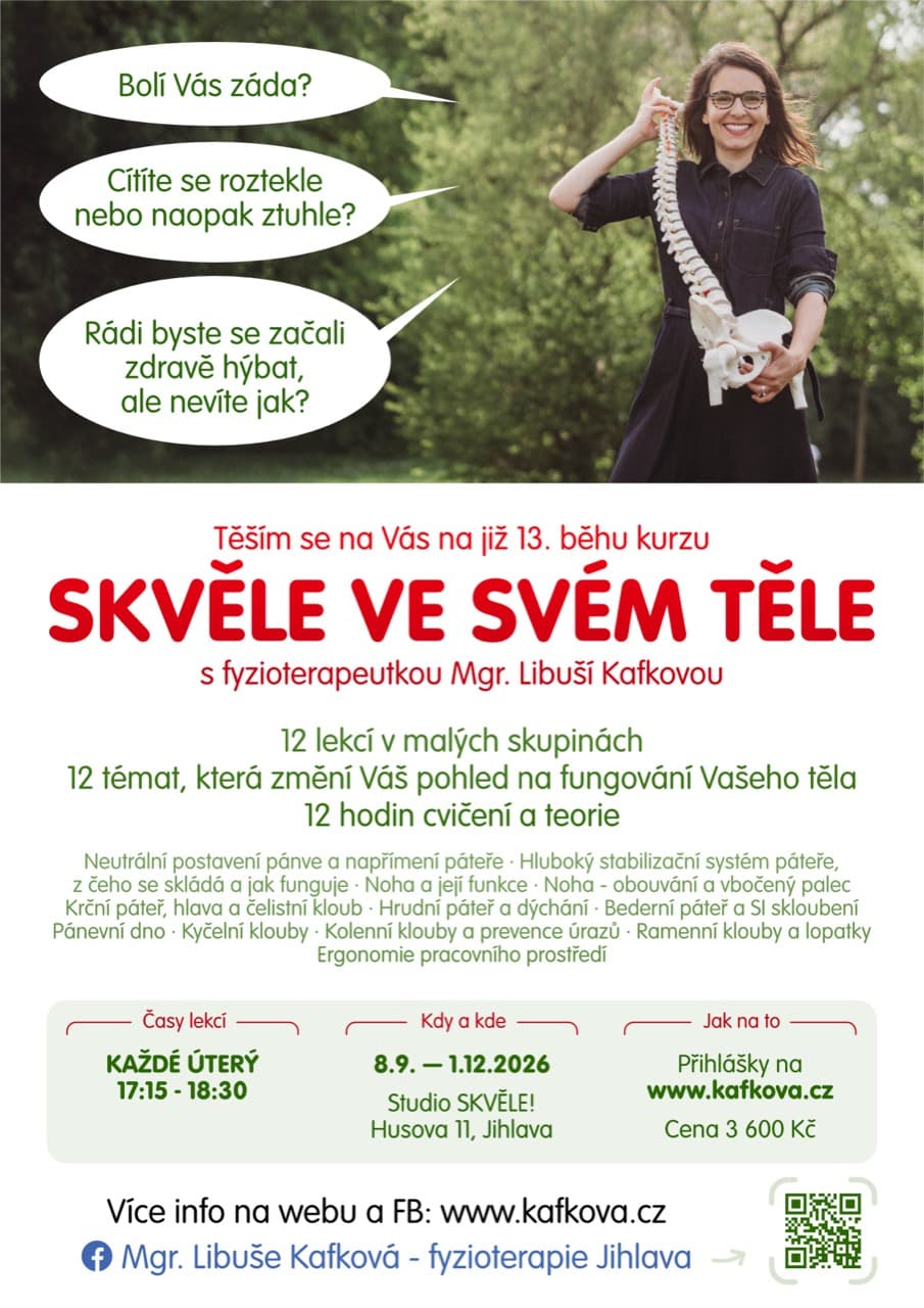 Plakát kurzu SKVĚLE VE SVÉM TĚLE pro začátečníky s fyzioterapeutkou Mgr. Libuší Kafkovou